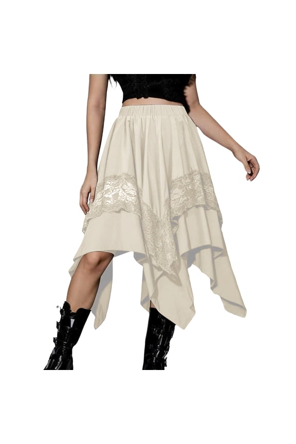 Women's Elegant High Waist Guest Dress Fashion Women Casual Summer Lace Irregular Hemline Solid Elastic Waist Skirt Beige XXL