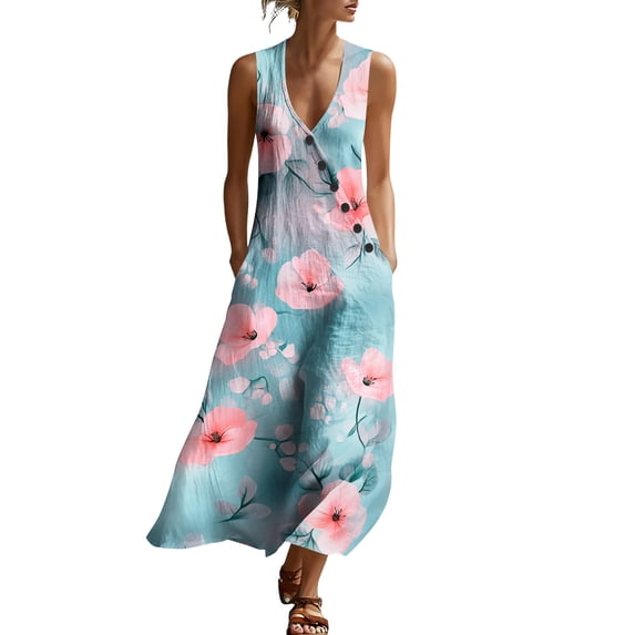 YuXingFu Plus Size Summer Dress Maxi V Neck Plus Size Womens Dress Sleeveless 100% Cotton Dresses for Women Long Casual Summer Multicolor#3 S