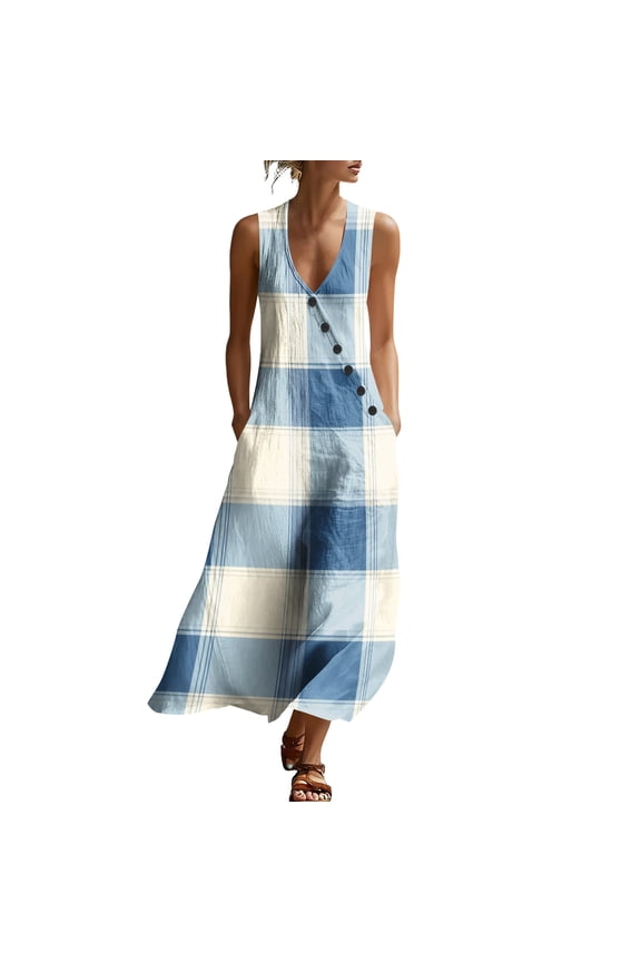 Womens 100% Cotton Dresses Maxi V Neck Plus Size Sleeveless Maxi Casual Summer Multicolor#8 M