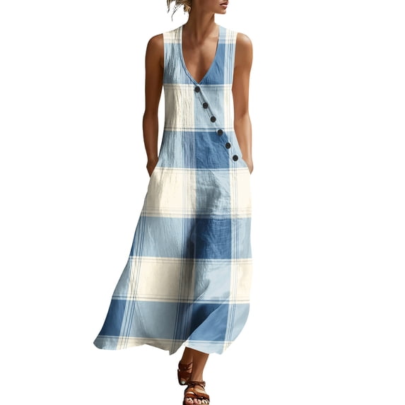 YuXingFu Womens 100% Cotton Dresses Maxi V Neck Plus Size Sleeveless Maxi Casual Summer Multicolor#8 M