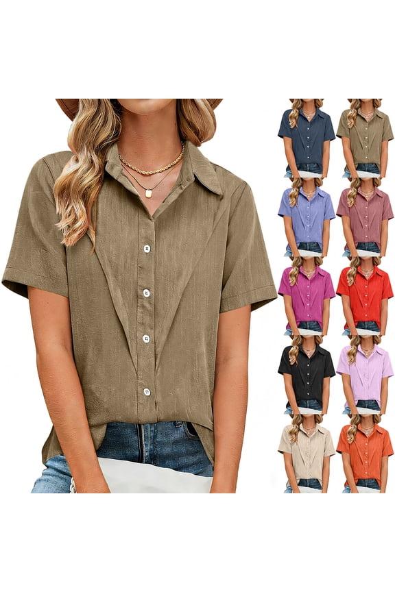 Womens Blouses Business Casual Short Sleeve V-Neck Circle Tops - Split Hem for Streetwear Pink S
