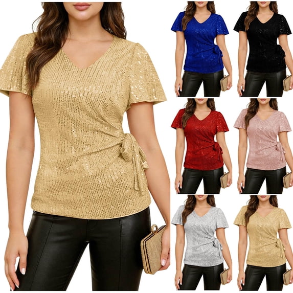YuXingFu Womens Blouses Casual Dressy V-Neck A-Line Ruffle Trim Short Sleeve for Party Fashion Shirts Blue XXL