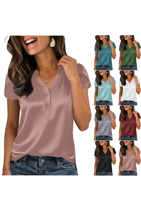Womens Blouses Casual Plus Size Short Sleeve V-Neck Circle Tops - Split Hem for Work Navy S