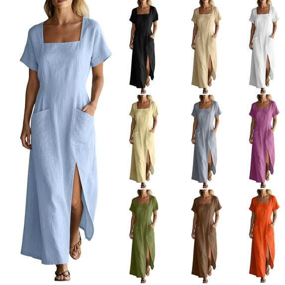 YuXingFu Womens Cotton Dresses Casual Maxi V-Neck Plus Size Womens Dress 3/4 Sleeve Classic Bohemian Style Long Casual Summer Khaki XXL