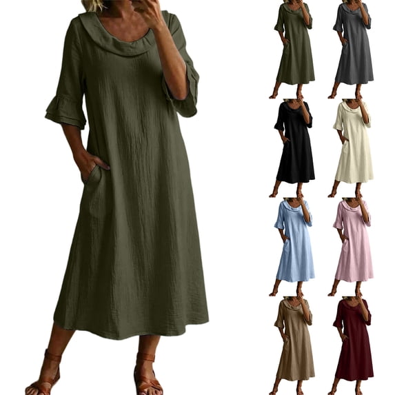 YuXingFu Womens Cotton Dresses for Summer Maxi Crew Neck Plus Size Womens Dress 3/4 Sleeve Everyday Long Casual Summer Black S