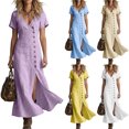 thumbnail image 1 of YuXingFu Womens Cotton Dresses with Sleeves Maxi V-Neck Plus Size Womens Dress Short Sleeve Solid Color Slim Fit Long Casual Summer Yellow XXXL, 1 of 6