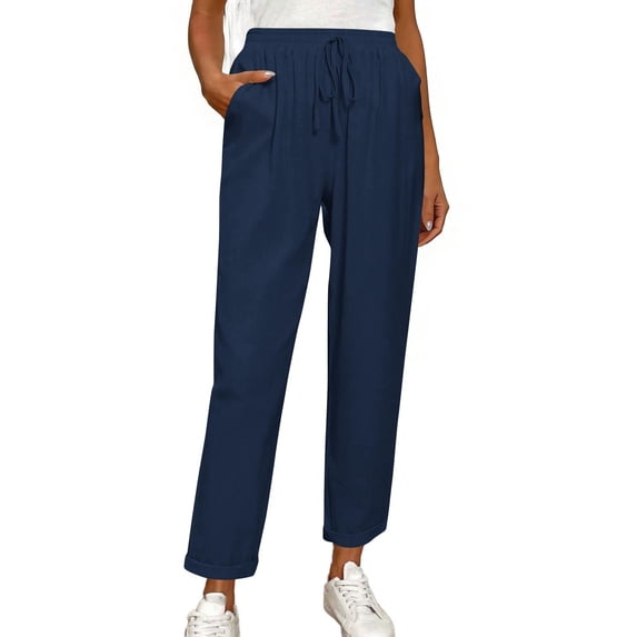 YuXingFu Womens Cotton Pants Petite Bootcut Yoga Smocked Waist - Distressed Work Navy XXL