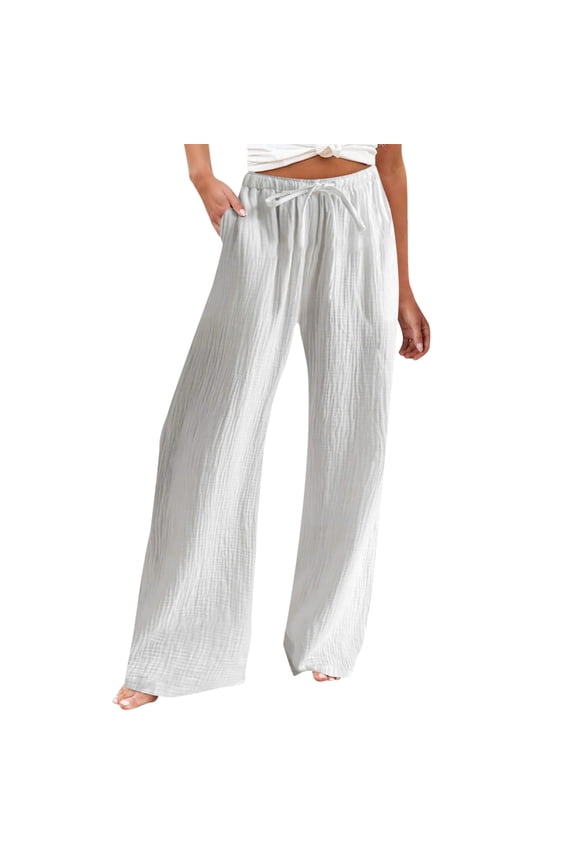 Womens Cotton Pants Petite Bootcut Yoga Smocked Waist - Distressed Work White M
