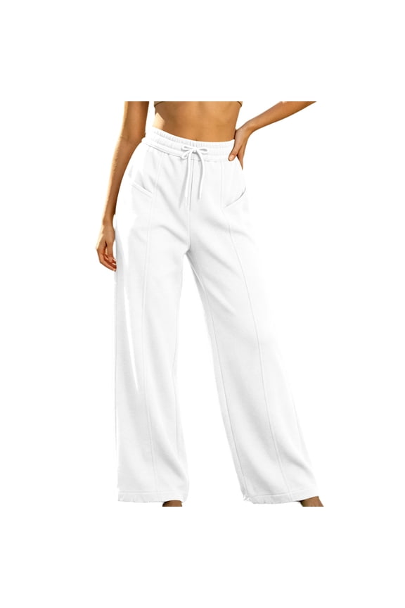 Womens Cotton Pants Petite Flare Sweatpants Belted Waist - Zip Fly Office White M