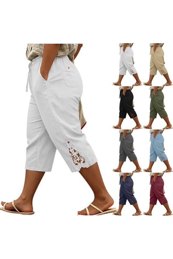 Womens Cotton Pants for Summer Straight Cigarette - Raw Hem Office White XXL