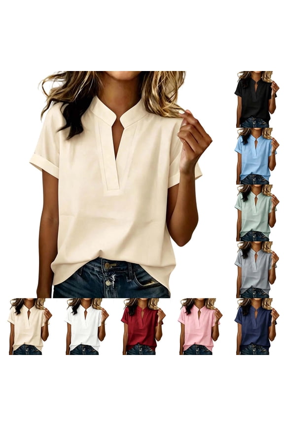 Womens Cotton Tops Large Short Sleeve V-Neck Pencil Tops - Button Front for Office Green S