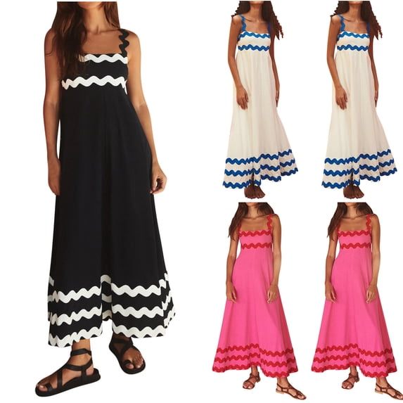 YuXingFu Womens Dresses Summer Maxi Crew Neck Plus Size Womens Dress Sleeveless Stripe Long Casual Summer Hot Pink XL