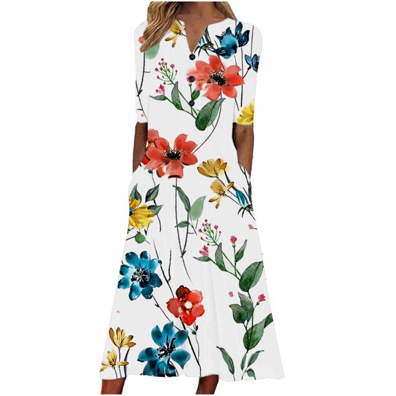 YuXingFu Womens Dresses Summer Maxi Maxi V-Neck Plus Size Womens Dress Short Sleeve Everyday Long Casual Summer Multicolor XXXL