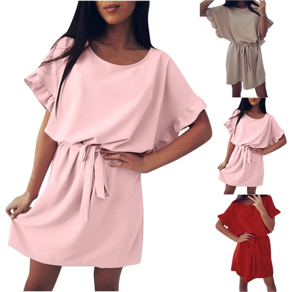 YuXingFu Womens Dresses for Wedding Guest Petite Mid-Length Crew Neck Plus Size Womens Dress Short Sleeve for Vacation Casual Summer Red XL