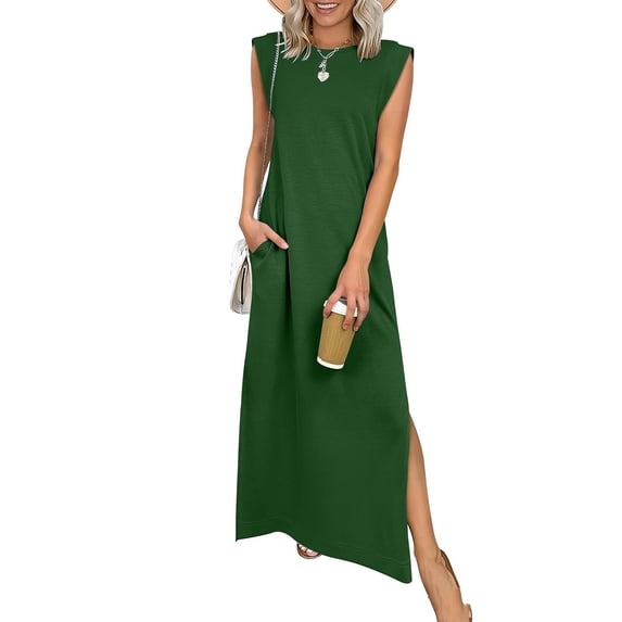 YuXingFu Womens Dresses with Pockets Maxi Crew Neck Plus Size Womens Dress Sleeveless Solid Color Long Casual Summer Green S