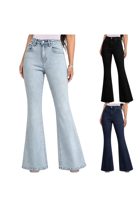Womens High Waist Flare Stretch Jeans - Lift Booty Curvy Fit Denim Black S