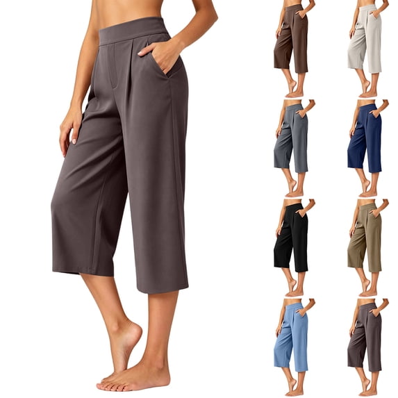 YuXingFu Womens High Waist Wide Leg Pleated Capri Pants - Side Pockets Work Summer Spring Coffee XXL