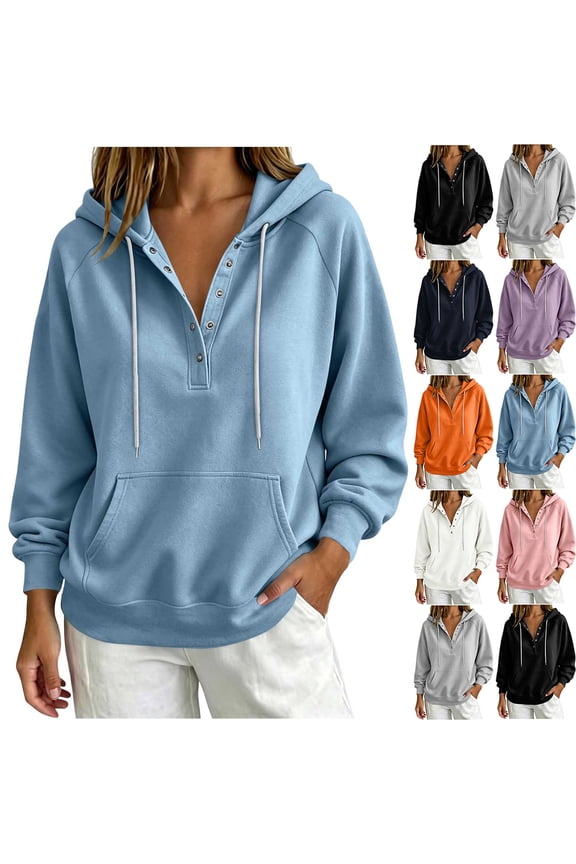 Womens Hoodie Drawstring Button Snap Pullover - Long Sleeve Casual Navy L