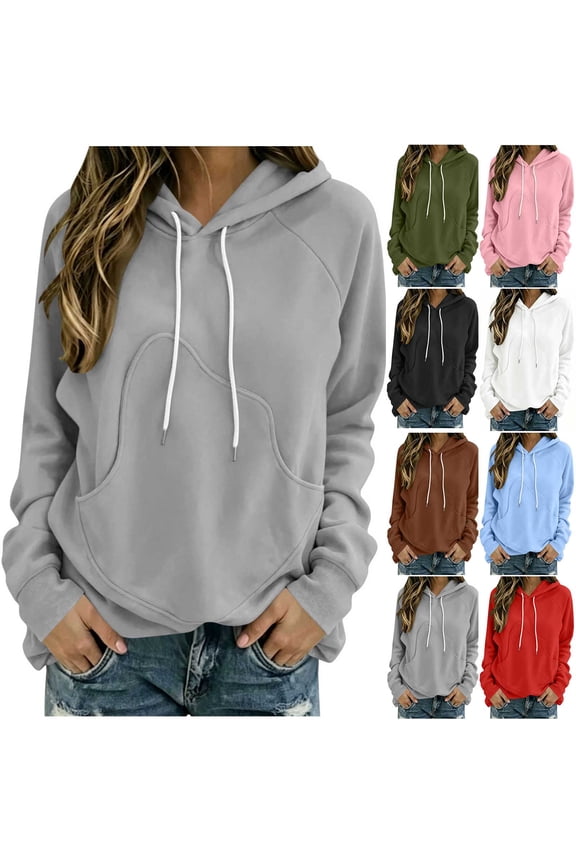 Womens Hoodie Drawstring Elastic Waist Loose Solid Pocket Pullover Red XXL