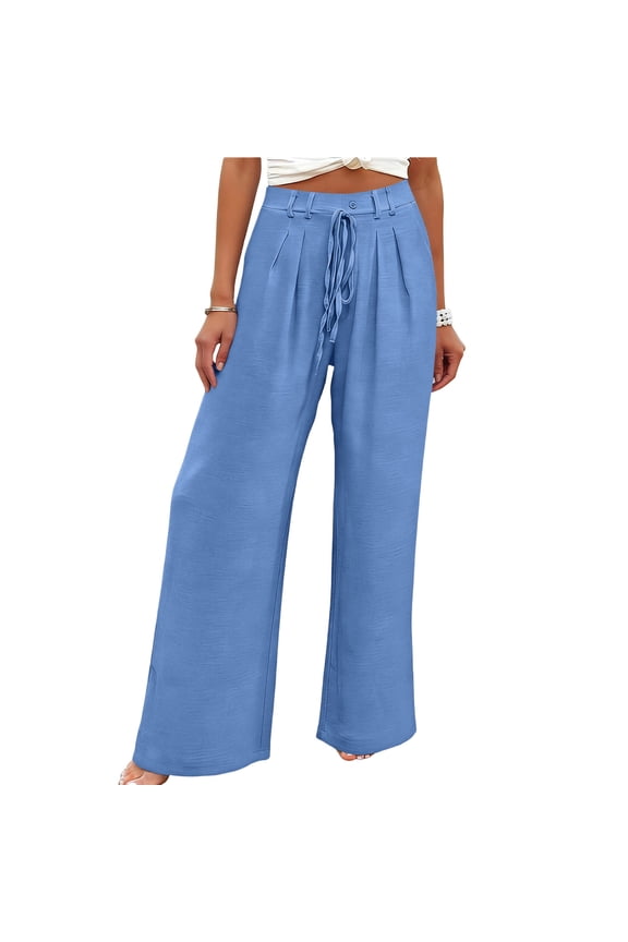 Womens Linen Pants Set Wide Leg Culottes - Button Fly Classic Blue S