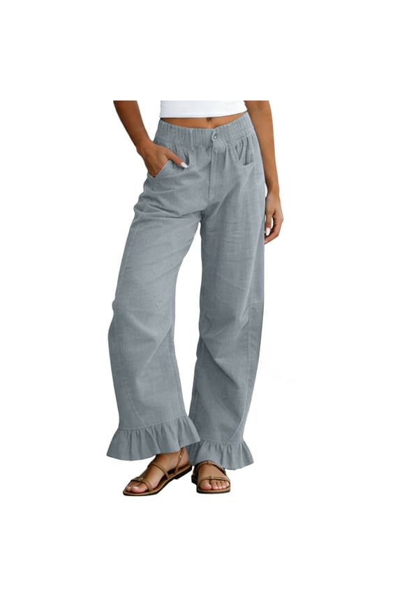 Womens Linen Pants Women Summer Skinny Chino Smocked Waist - Button Fly Weekend Gray S