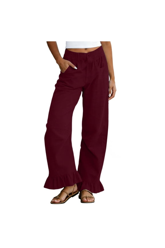 Womens Linen Pants Women Summer Skinny Chino Smocked Waist - Button Fly Weekend Wine S