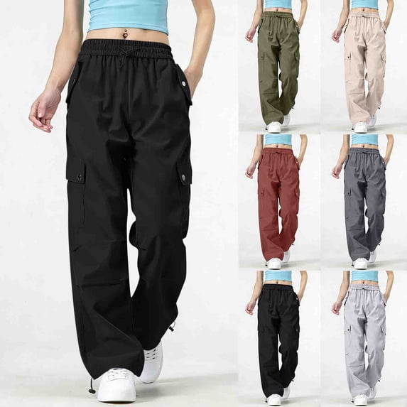 YuXingFu Womens Multi Pocket Drawstring Breathable Solid Cargo Pants - Sporty Casual Army Green XXL