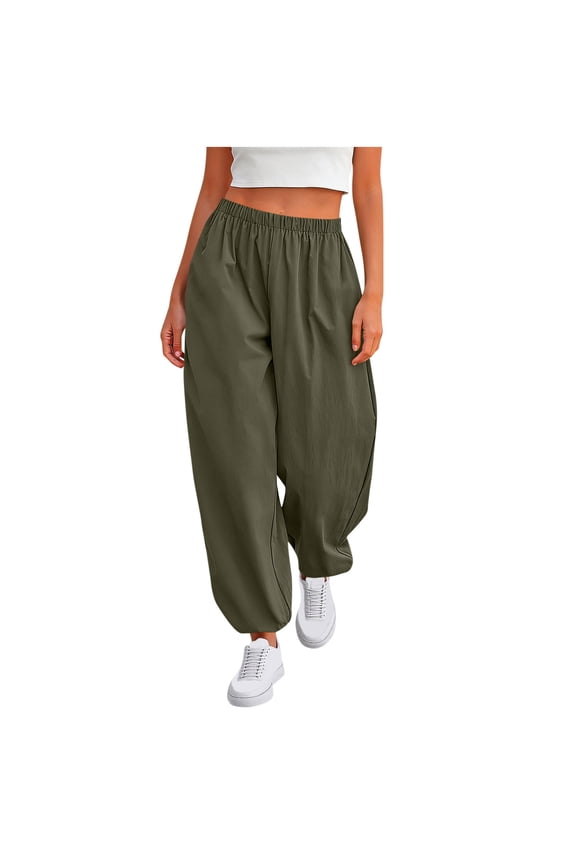 Womens Pants for Women Trendy Summer Wide Leg Jogger Paperbag Waist - Frayed Hem Business Army Green XXL