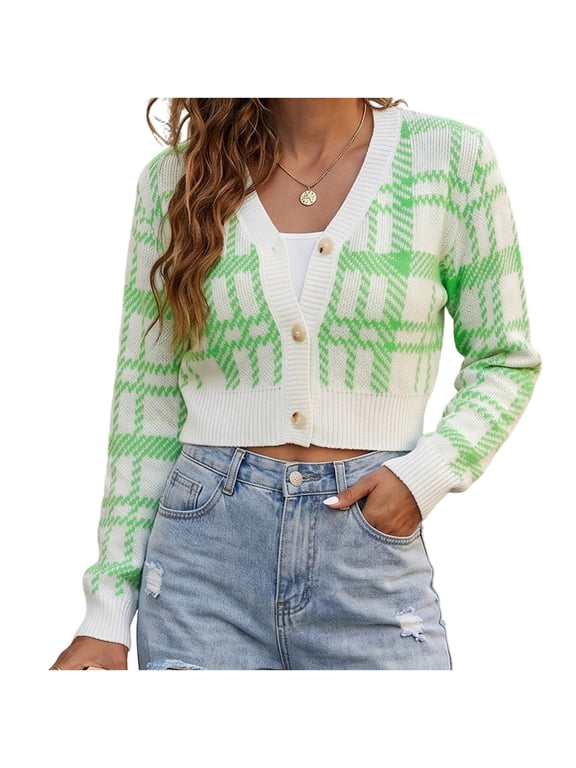 Womens Plaid Patchwork Knit Cardigan - Short Length Loose Casual Green L