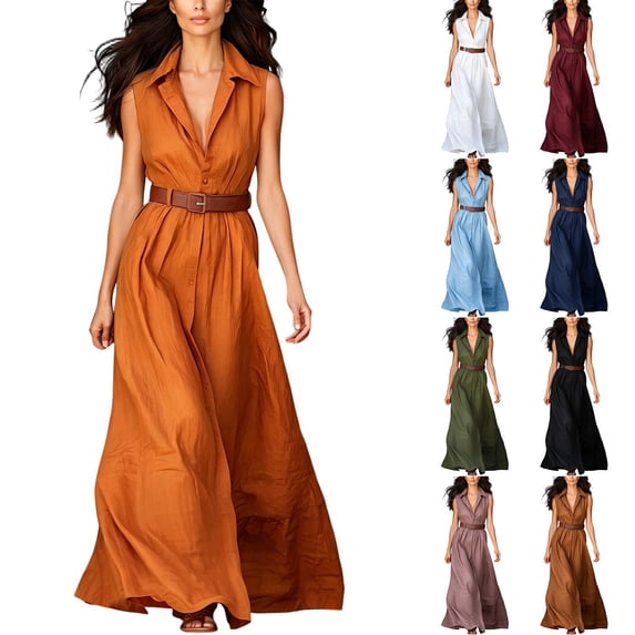 YuXingFu Womens Plus Size Cotton Dresses Maxi Collared Plus Size Womens Dress Sleeveless Button Long Casual Summer Pink S