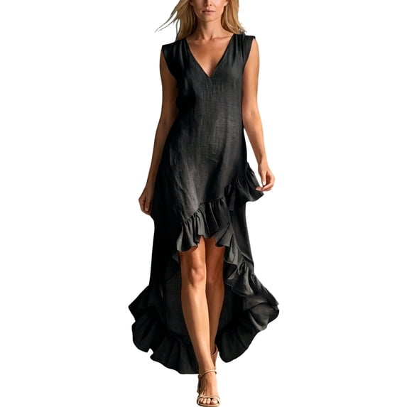 YuXingFu Womens Plus Size Cotton Dresses Maxi V-Neck Plus Size Womens Dress Sleeveless Button Long Casual Summer Black S