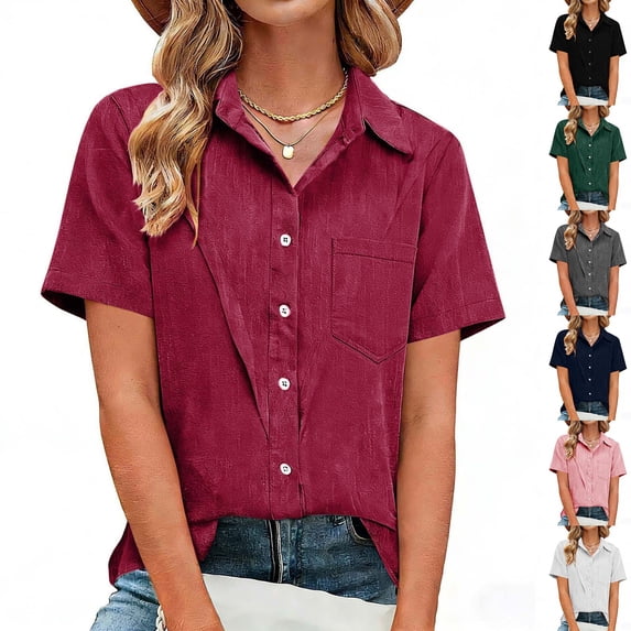 YuXingFu Womens Plus Size Tops 3/4 Sleeve 3/4 Sleeve V-Neck Pleated Tops - Button Front Linen for Daily Blue XL
