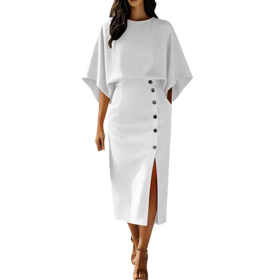 YuXingFu Womens Skirts Knee Length Summer Women's Elegant Orange Two Piece Set Batwing Sleeve Round Neck Top+ High Waist Button Decor Slit Midi Skirt Casual Office Business formal Outfit White S