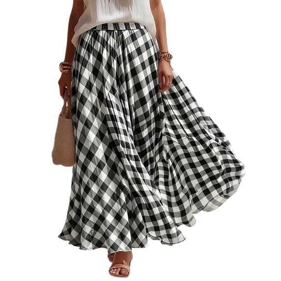 YuXingFu Womens Skirts with Pockets Women's Elegant Plaid Print High Waist Pleated Maxi Skirt Casual Flowy Chiffon Long Skirt Black S