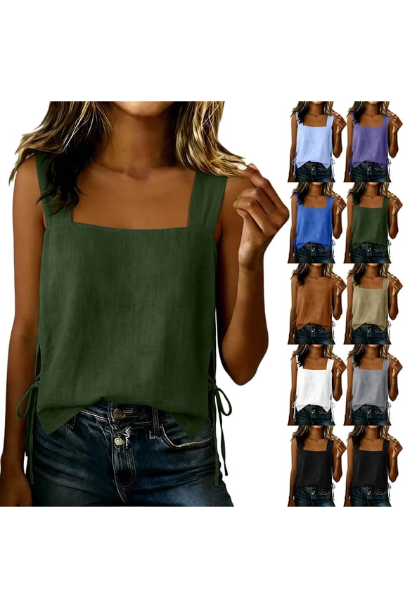Womens Spring Tops Dressy Casual Square Neckline Sleeveless Circle Tops - Side Pocket for Boho White S