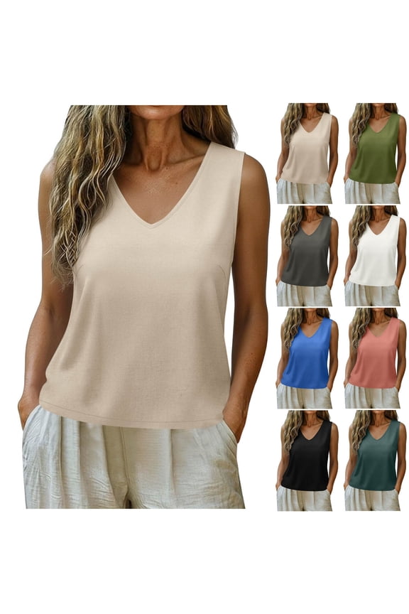 Womens Spring Tops Trendy Sleeveless V-Neck Circle Tops - Pleated Detail for Winter Army Green S