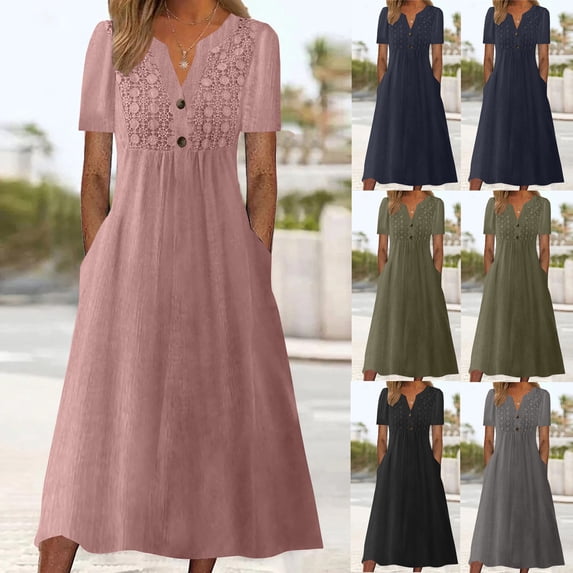 YuXingFu Womens Summer Dresses Maxi V-Neck Plus Size Womens Dress Short Sleeve for Beach Long Casual Summer Pink XL