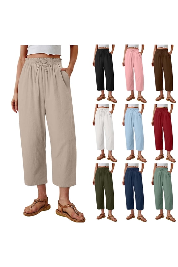 Womens Summer Solid Cotton Linen Elastic Smocked Waist Straight 7/8 Pants Mint Green XL