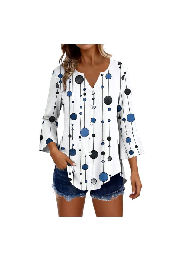 Womens Summer Tops Casual 3/4 Sleeve V-Neck Circle Tops - Pleated Detail for Spring Light Blue S