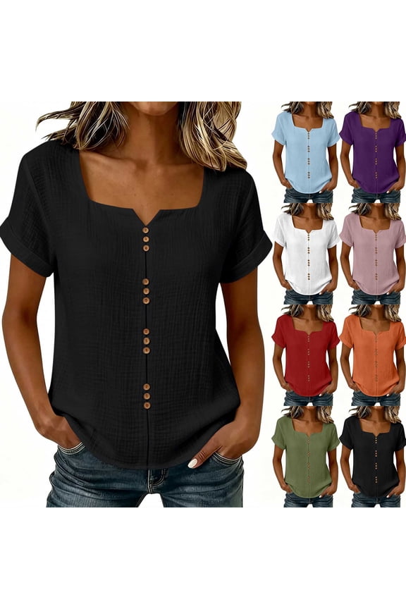 Womens Summer Tops Casual Short Sleeve Square Neckline Flared Tops - Button Front for Fall Black S