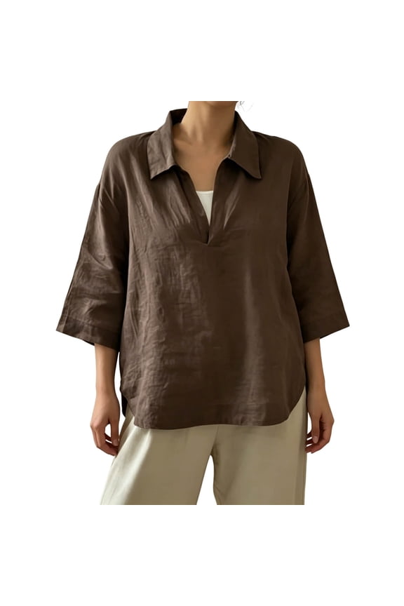 Womens Tops Casual Collared 3/4 Sleeve Pencil Tops - Split Hem for Fall Brown L