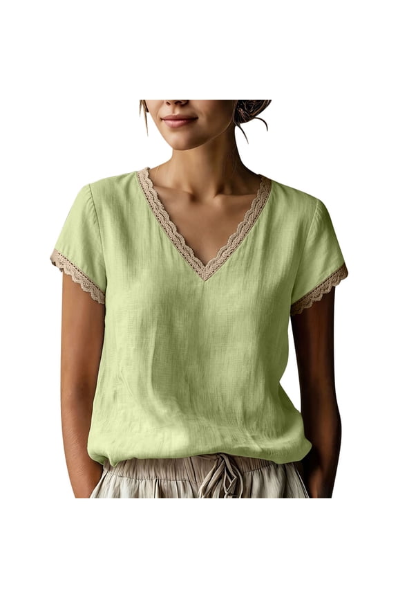 Womens Tops Casual Summer Short Sleeve V-Neck Circle Tops - Button Front for Everyday Green M