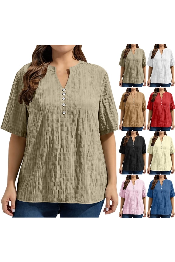 Womens Tops Dressy Crew Neck Short Sleeve Circle Tops - Pleated Detail for Boho Red XL