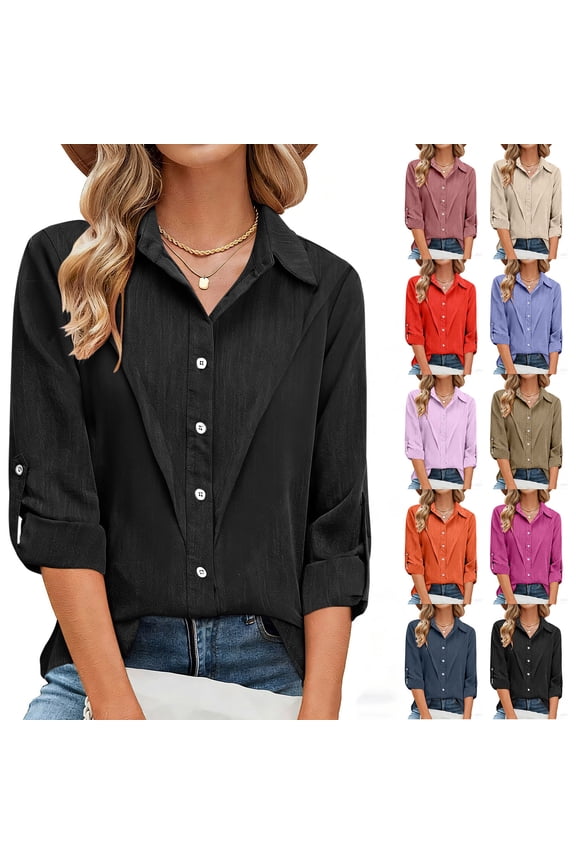 Womens Tops Spring 3/4 Sleeve V-Neck Pleated Tops - Button Front Linen for Office Pink XL