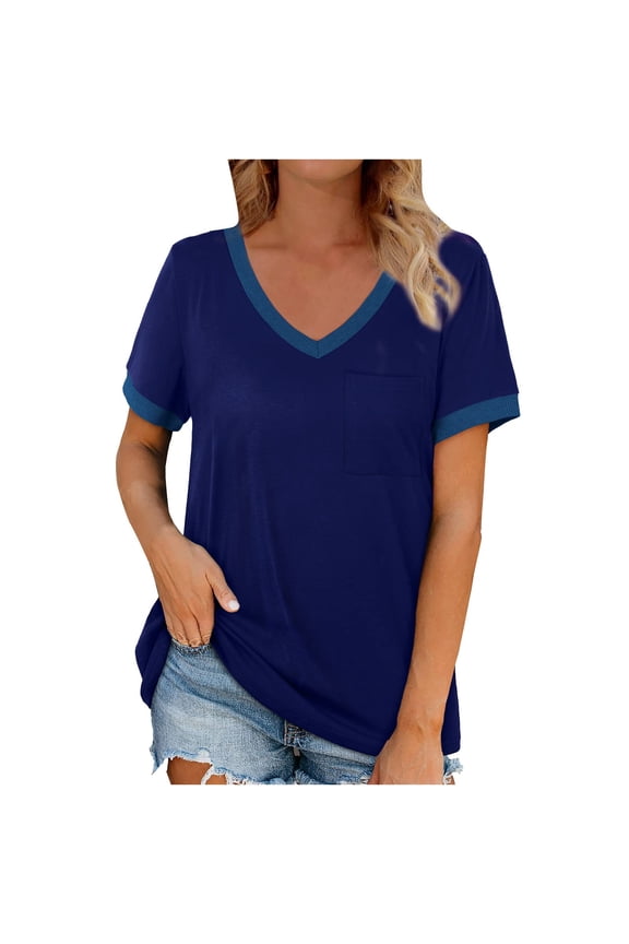 Womens Tops Summer Cotton Short Sleeve V-Neck Circle Tops - Ruffle Accent for Streetwear Navy XXL