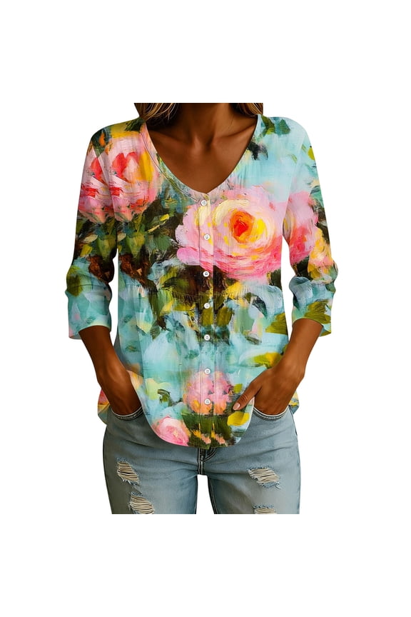 Womens Tops Summer Trendy 3/4 Sleeve V-Neck Mermaid Tops - Button Front Suede for Winter Pink S