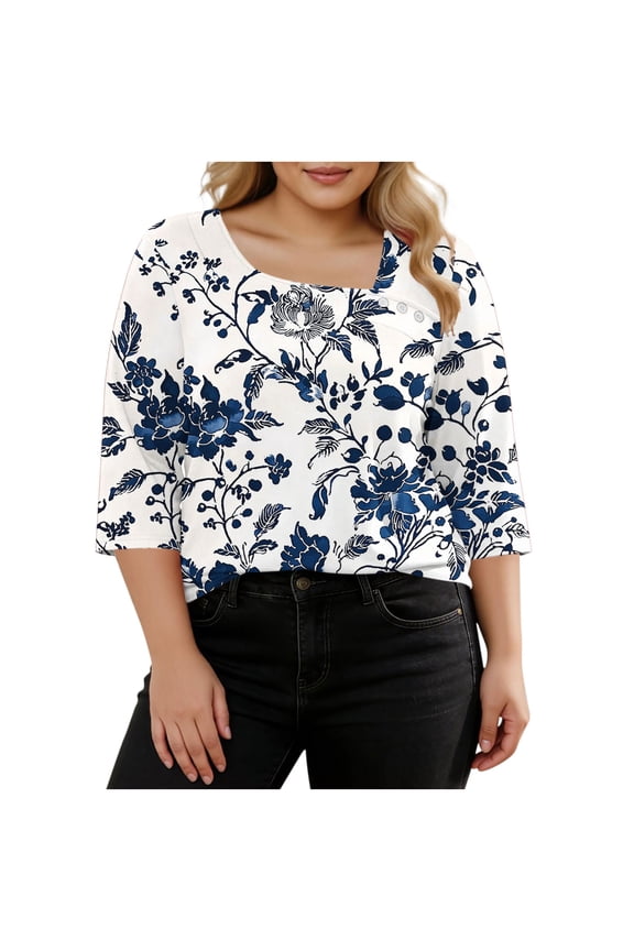 Womens Tops for Women Trendy 3/4 Sleeve Crew Neck A-Line Tops - Side Pocket Tulle Boho Navy XXL