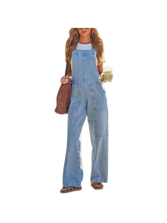 Womens Wide Leg Denim Cargo Style Overall Jumpsuit Light Blue XXL