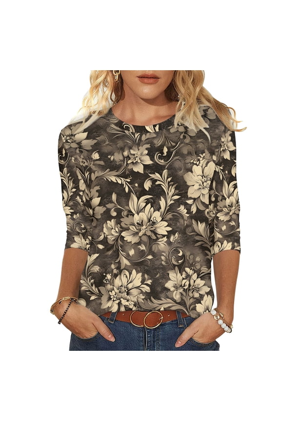 Womens Womens Summer Tops Casual 3/4 Sleeve Crew Neck Tiered Tops - Ruffle Detail Denim Everyday Multicolor S