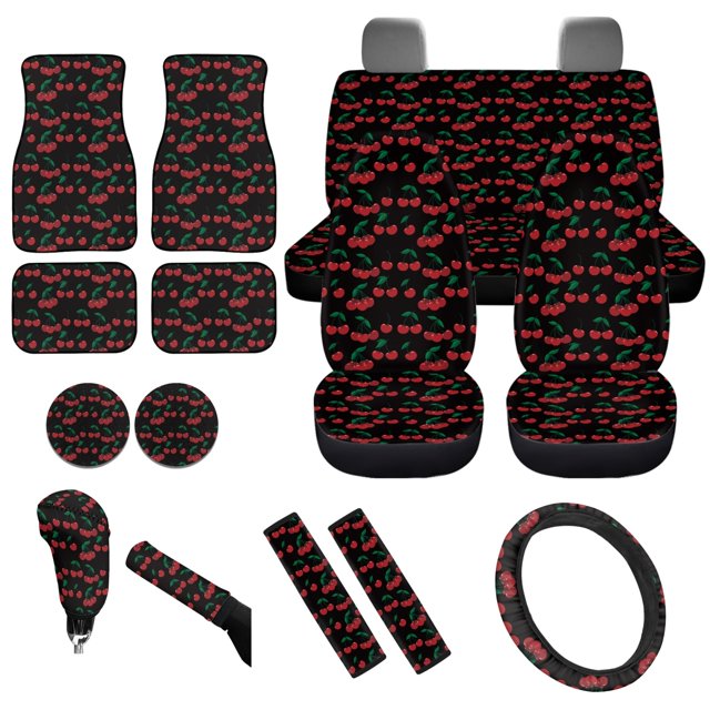 Yuyamidu Red Cherry Car Seat Covers Full Set with Car Carpet Mats Steering Wheel Cover Safe Belt Pads Handbrake Cover Coasters 15 PCS Auto Accessory